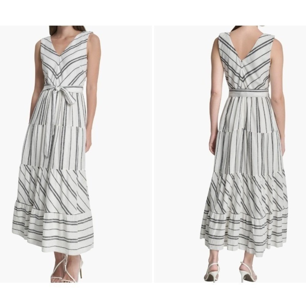 DKNY Linen Striped V-Neck Sleeveless Tie Waist Maxi Dress Coastal Resort White 6